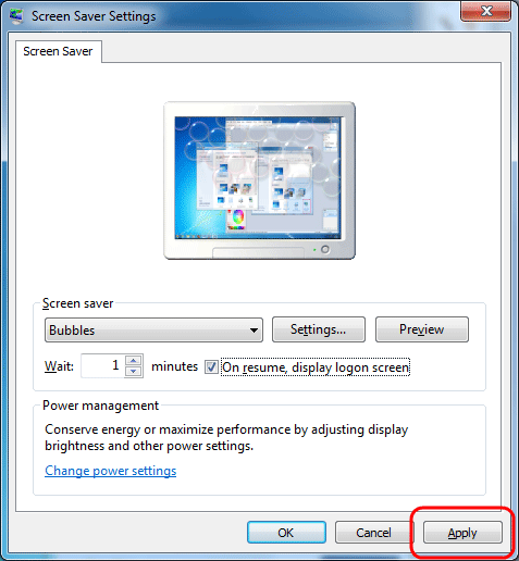 Windows 7 Screen Saver Apply Settings